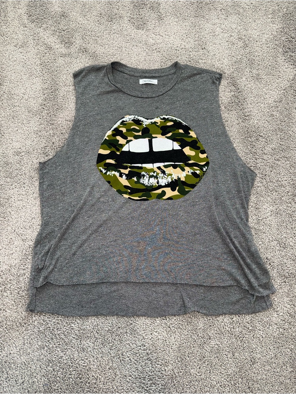 Lauren Moshi Gray Tank with Camo Lip Graphic